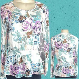 Charming Charlie S Teal Floral Keyhole Neckline Drop Waist Long Sleeve Blouse